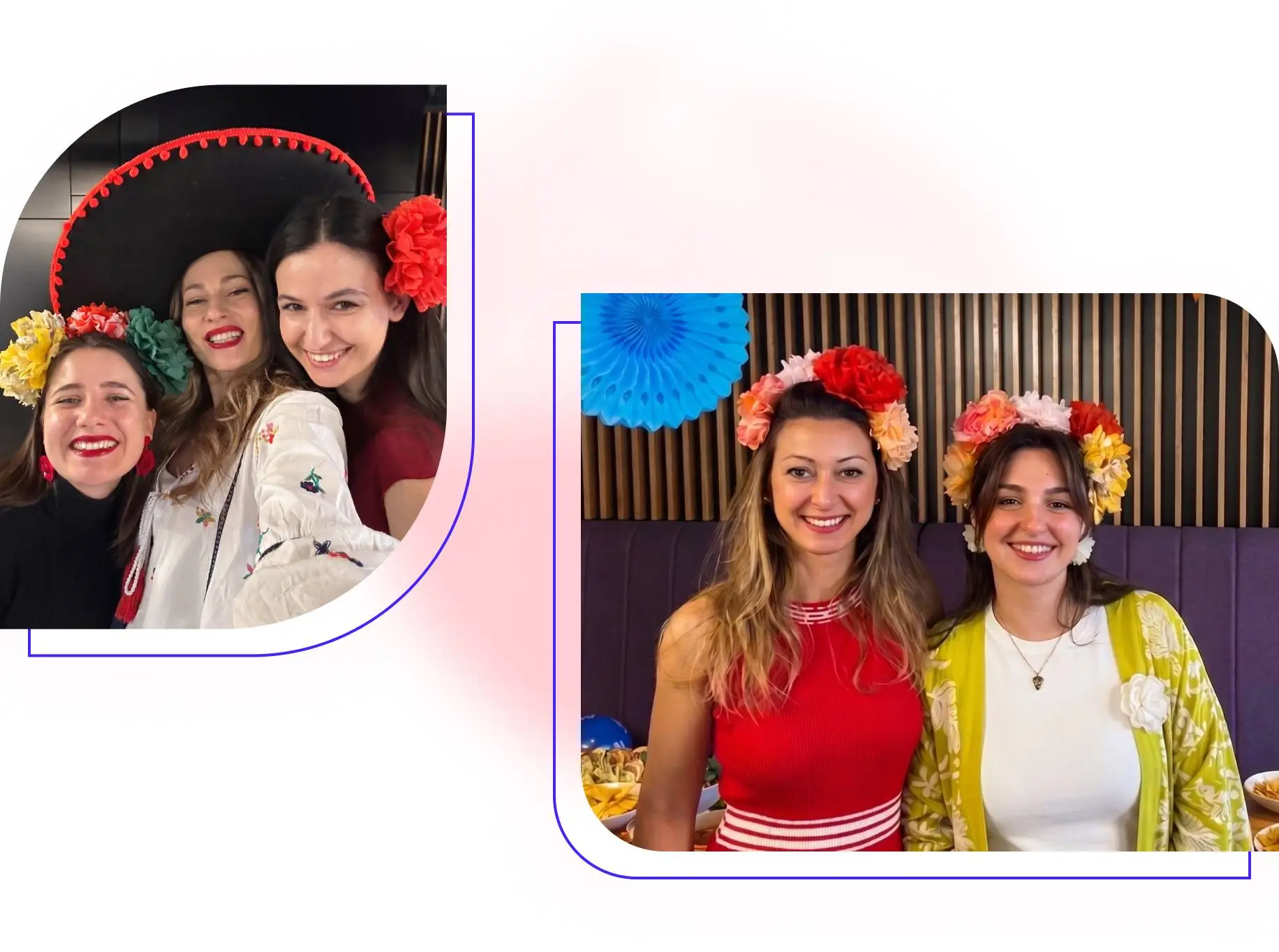 Two photos of women celebrating together in a festive setting. On the left, three women smile for a selfie, wearing colorful floral headpieces and one in a large sombrero-style hat. On the right, two women stand side by side, also wearing bright flower crowns, smiling in front of a decorated indoor space with food and party decor. The scene conveys a cheerful, multicultural celebration atmosphere.