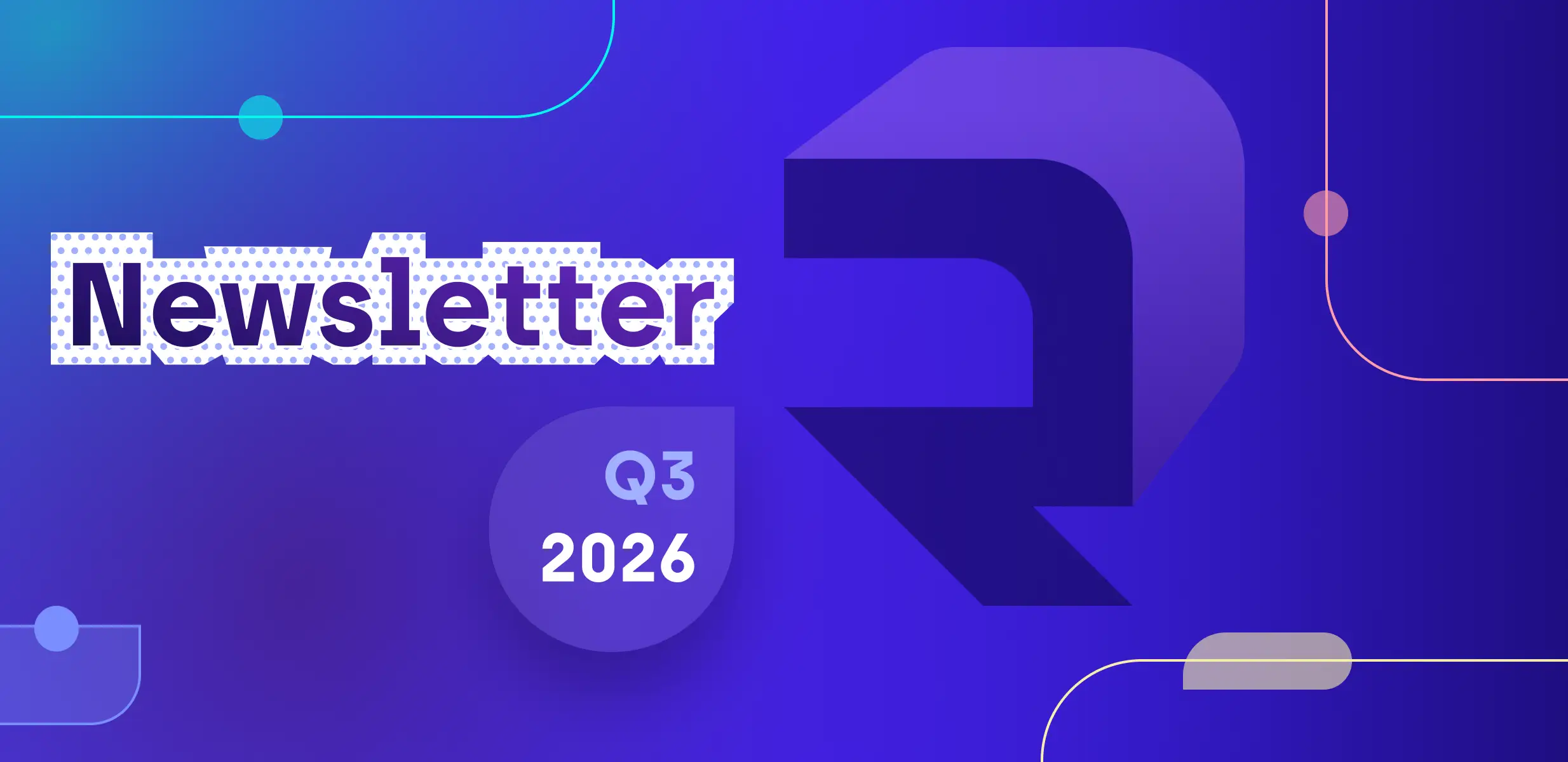 Resolute Software's Q3 2026 newsletter cover featuring the company logo, “Newsletter Q3 2026” headline, and abstract geometric graphics on a vibrant blue and purple gradient background.