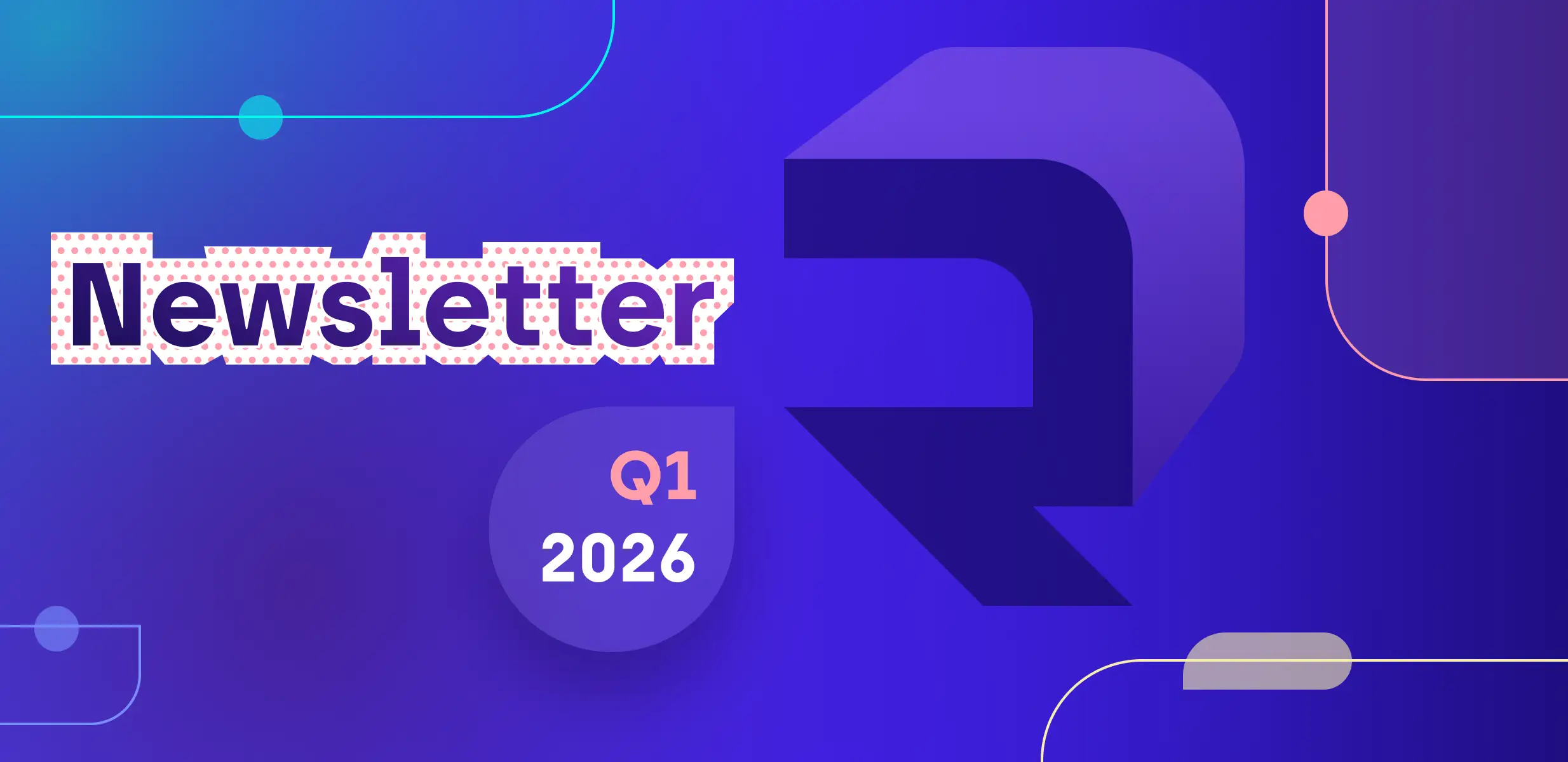 A sleek, purple-gradient promotional graphic for a company newsletter. The word “Newsletter” appears in bold stylized text, accompanied by a circular badge labeled “Q1 2026.” Abstract rounded shapes, neon lines, and soft glowing accents decorate the background. A large, semi-transparent “R” logo sits prominently on the right, reinforcing Resolute branding and giving the design a modern, tech-focused feel.